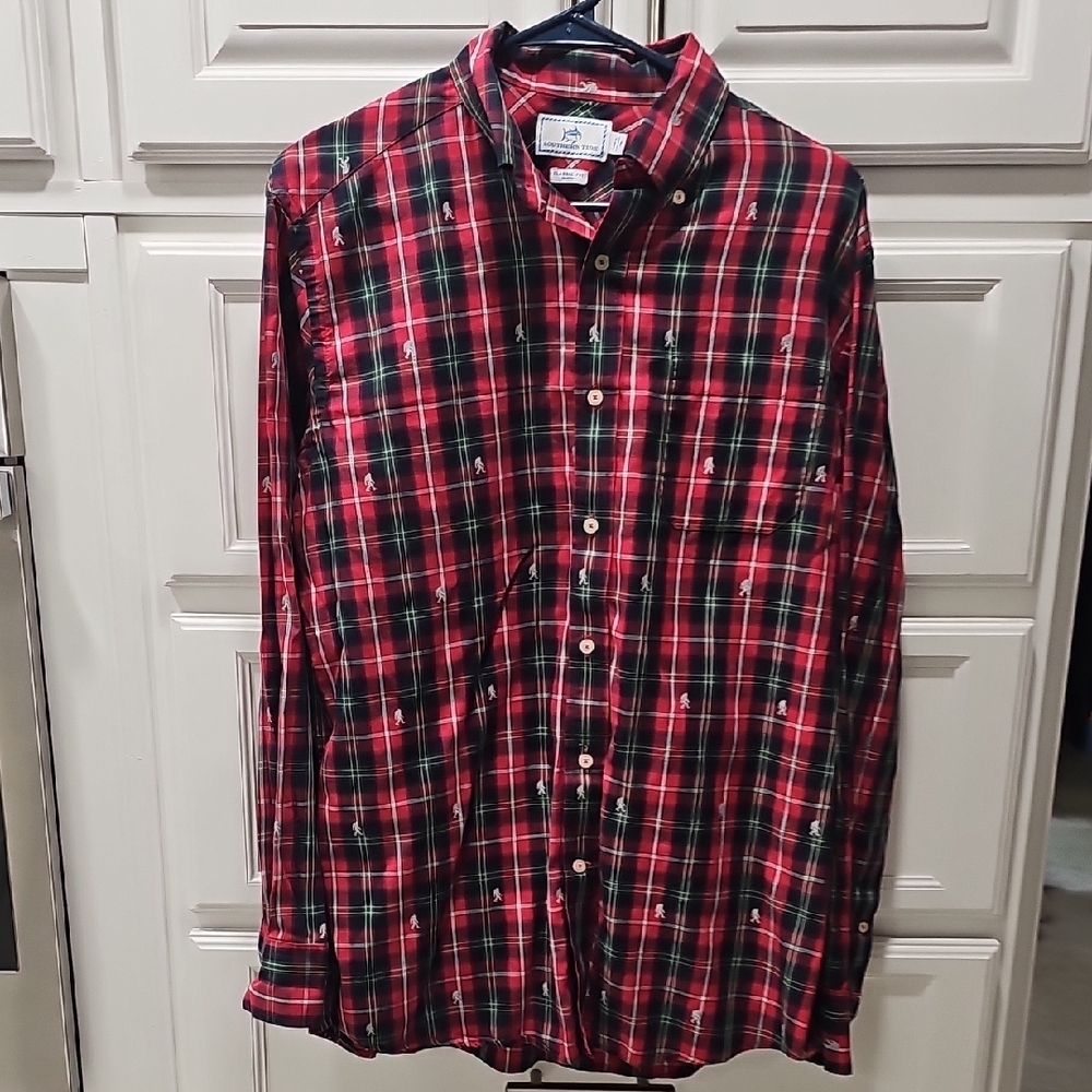 Southern Tide Men's Red and Green Plaid Button Down Shirt
